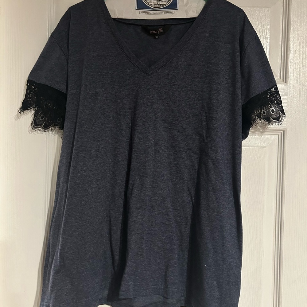 Amaryllis Navy Top with Black Lace Sleeves